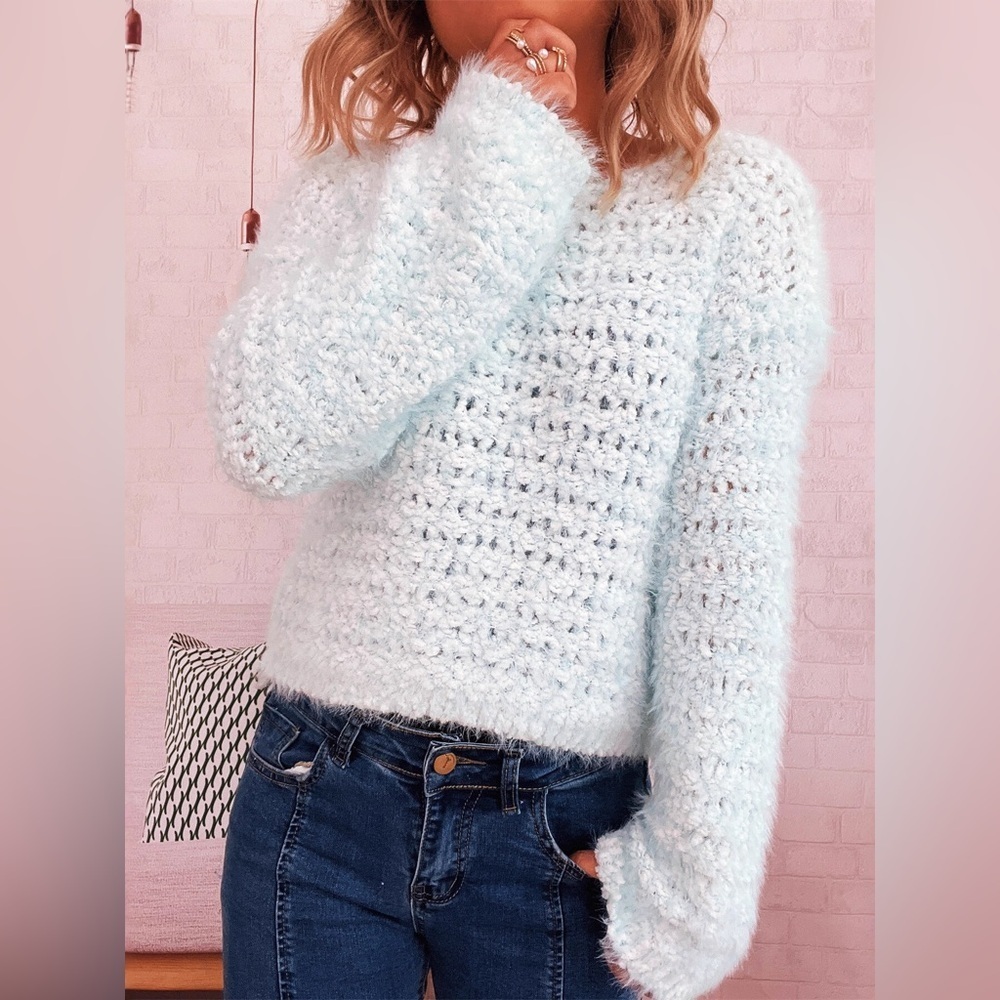 Crochet Round Neck Dropped Shoulder Sweater